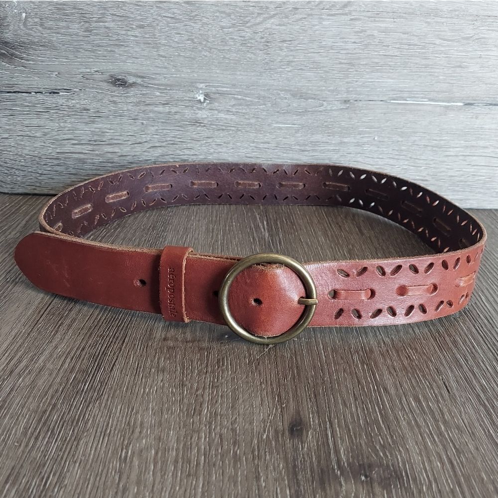 Aeropostale Brown Leather Perforated Belt with Round Gold Buckle 43" Long